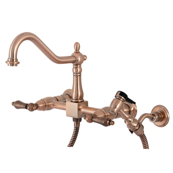 Heritage 2-Handle Wall Mnt Bridge Kitchen Faucet W/Brass Sprayer, Cppr